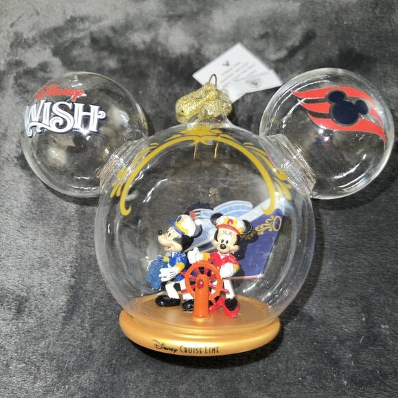 Disney Cruise Line Wish Ship Captain Mickey Minnie Ear Glass Christmas Ornament - Picture 1 of 8